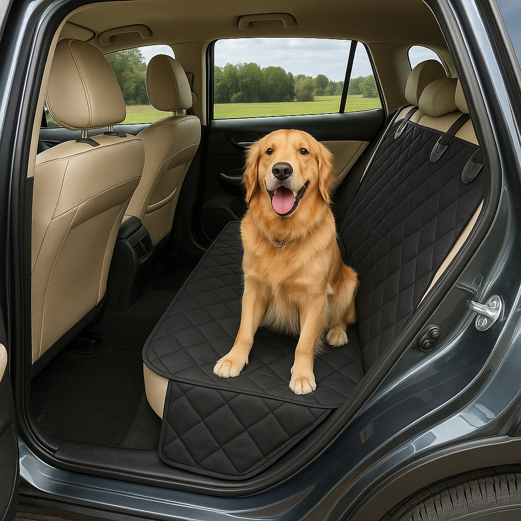 Dog sitting on a black car seat cover in the back of a vehicle with a view of greenery outside.