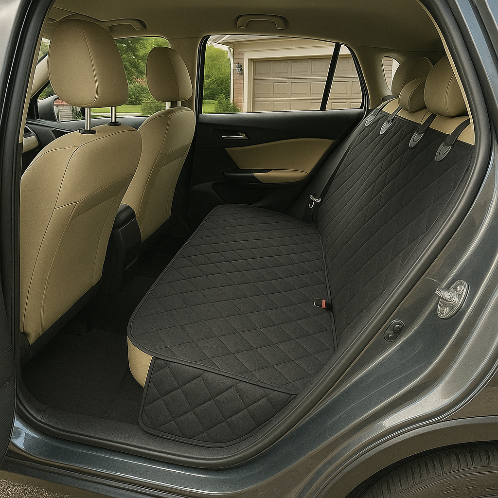 Car interior with a black quilted bench seat cover on the back seat.